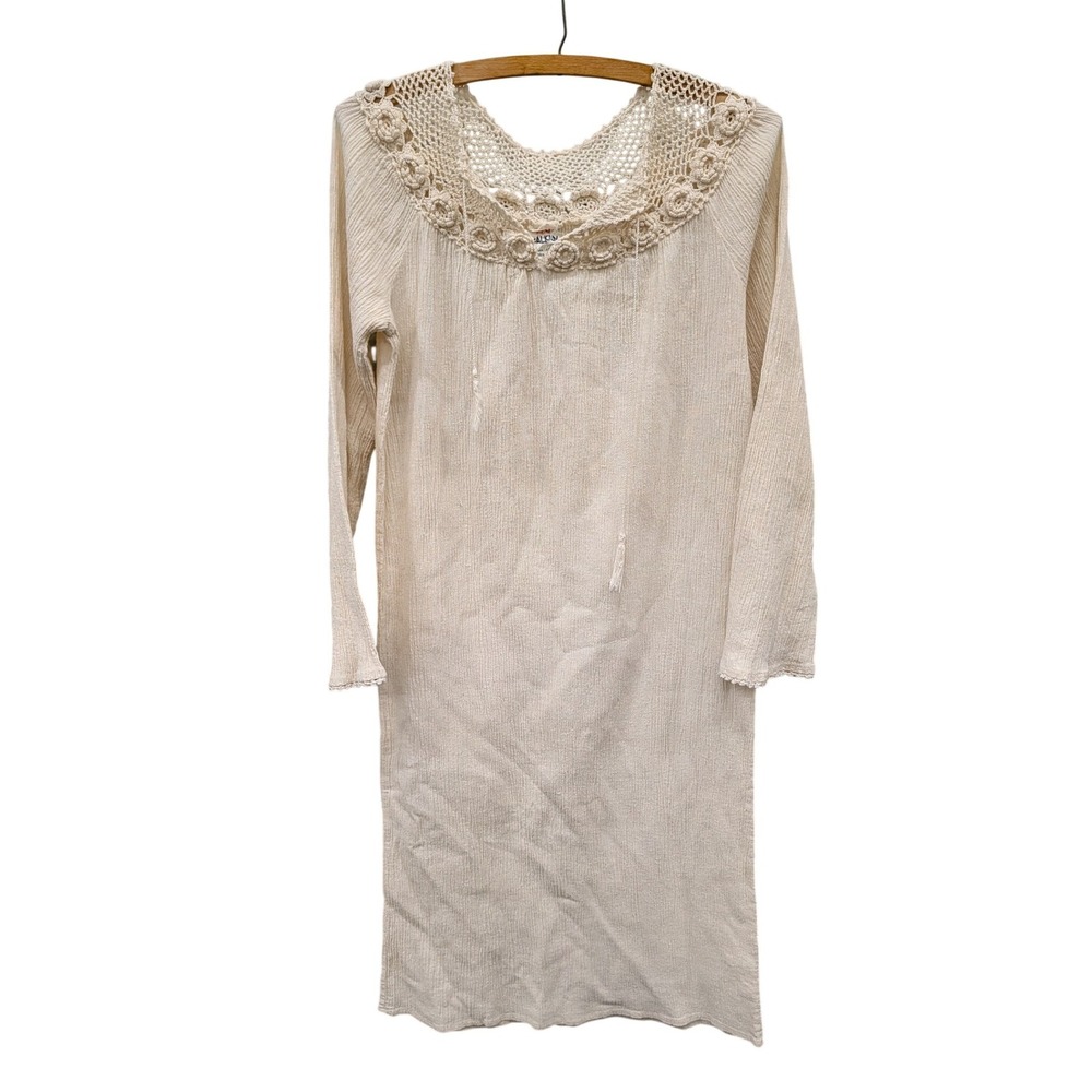 Vintage 70s Balkan Imports Cream Cotton Gauze Crochet Floral Midi Dress- S - Picture 2 of 6